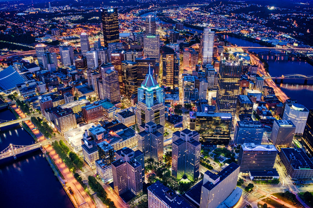 Night time aerial view of Pittsburgh