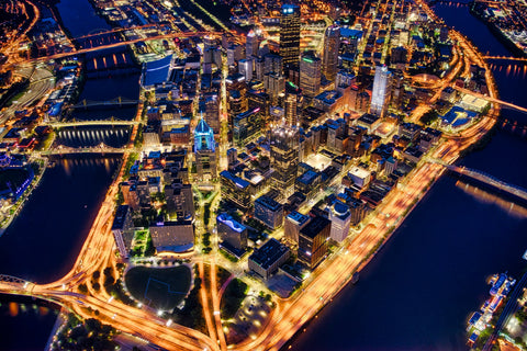 Night-time aerial view of Pittsburgh