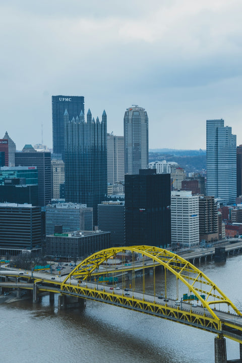 a bridge over a river with a city in the background