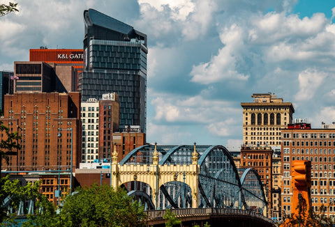 a view of a city with a bridge in the foreground