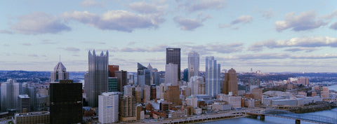 An aerial view of a city and a river