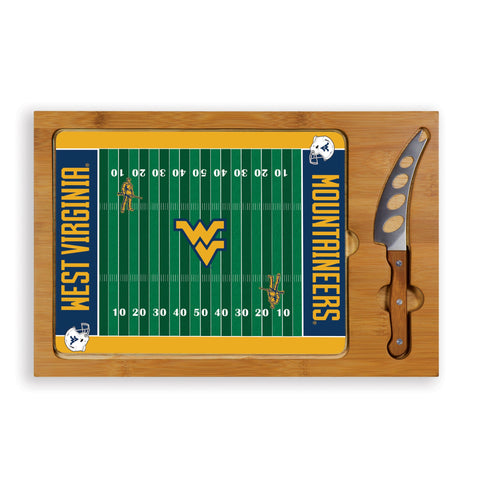 West Virginia Mountaineers Football Field - Icon Glass Top Cutting Board & Knife Set Cutting Board Picnic Time Family of Brands Parawood  