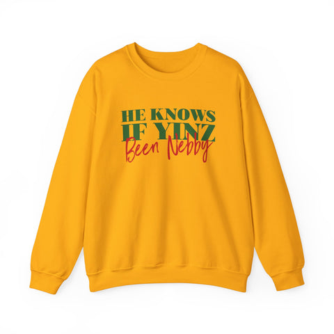 He Knows If Yinz Been Nebby - -Unisex Heavy Blend™ Crewneck Sweatshirt Sweatshirt Printify Gold S