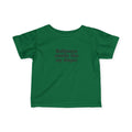 Green infant jersey T-shirt with dark red text 'Baltimore smells like my diaper' for unisex baby clothing.