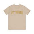 Beige Vintage Classic Pittsburgh Short Sleeve T-Shirt featuring yellow collegiate-style text, slim fit and fast shipping available.