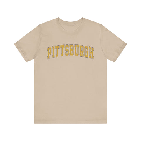 Beige Vintage Classic Pittsburgh Short Sleeve T-Shirt featuring yellow collegiate-style text, slim fit and fast shipping available.