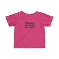 Hot pink infant T-shirt with bold black 'Baltimore smells like my diaper' text, ideal for baby apparel.