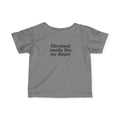 Charcoal gray Cleveland Smells Like My Diaper infant t-shirt with black text, stylish and funny baby outfit.