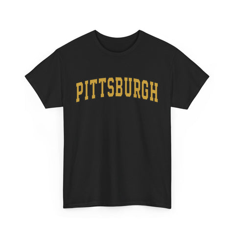 Black unisex Pittsburgh t-shirt with bold yellow text, made from heavy cotton and perfect for casual styling.