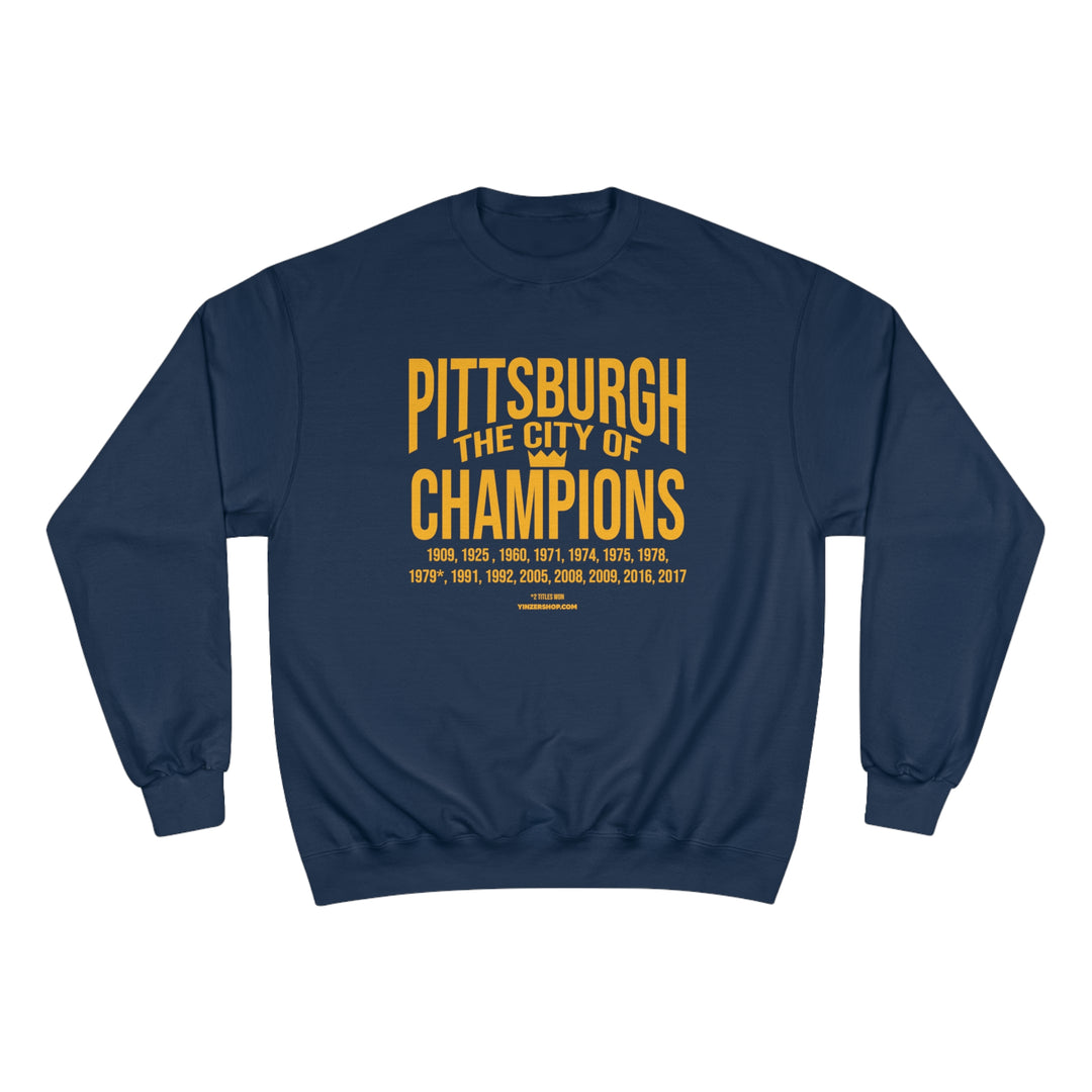 Pittsburgh, the City of Champions - Champion Crewneck Sweatshirt Sweatshirt Printify Navy S 