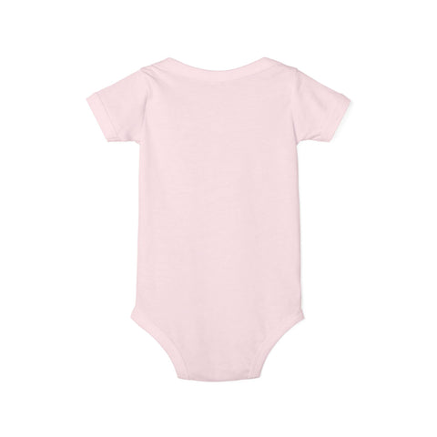 Back of light pink baby onesie, soft and gentle fabric perfect for infant skin.