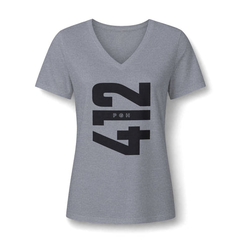 412 Bold Vertical Number Women's V-neck Tshirt  — Minimalist Monochrome Graphic T-Shirt