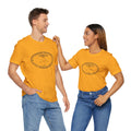 Male and female models wearing Pittsburgh Border Stamp - Short Sleeve T-Shirts in gold, highlighting unisex slim fit and fast delivery appeal.