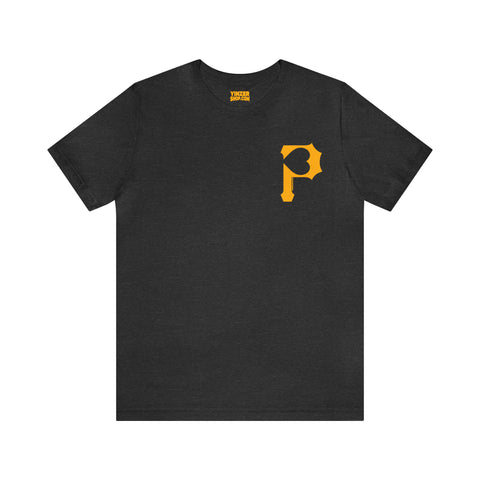 Heart of Pittsburgh - P for Pittsburgh Series - PRINT ON BACK - Short Sleeve Tee T-Shirt Printify Dark Grey Heather S 