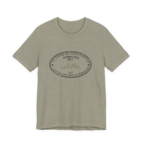 Pittsburgh Border Stamp - Short Sleeve T-Shirt in heather military green with black stamp design, perfect for fast delivery and everyday style.