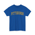 Royal blue unisex Pittsburgh t-shirt with bold yellow text, made from heavy cotton and available for fast delivery.