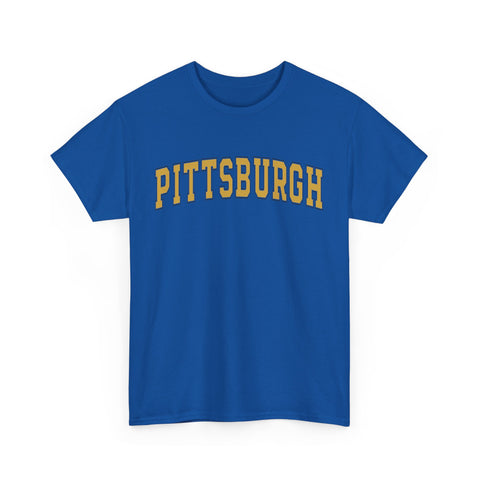 Royal blue unisex Pittsburgh t-shirt with bold yellow text, made from heavy cotton and available for fast delivery.