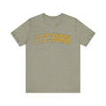 Olive green Vintage Classic Pittsburgh Short Sleeve T-Shirt with yellow arched print, stylish slim fit for modern casual fashion.