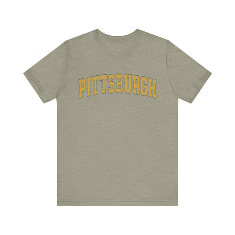 Olive green Vintage Classic Pittsburgh Short Sleeve T-Shirt with yellow arched print, stylish slim fit for modern casual fashion.