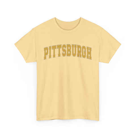 Light yellow unisex Pittsburgh t-shirt with bold vintage text, made from heavy cotton and ideal for casual wear.