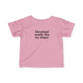 Pink Cleveland Smells Like My Diaper infant jersey t-shirt with black text, fun and comfy baby wear.