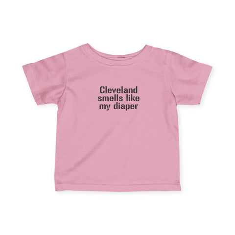 Pink Cleveland Smells Like My Diaper infant jersey t-shirt with black text, fun and comfy baby wear.
