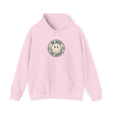 Be Nice You Jerk smiley crest Hoodie | cheeky slogan, vintage patch style