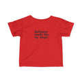 Red infant jersey T-shirt with humorous black text 'Baltimore smells like my diaper' for toddler wear.