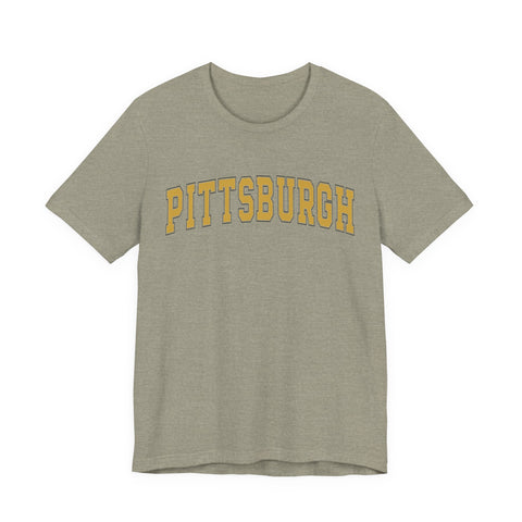 Front of olive green Vintage Classic Pittsburgh Short Sleeve T-Shirt with yellow arched text, perfect for everyday wear.
