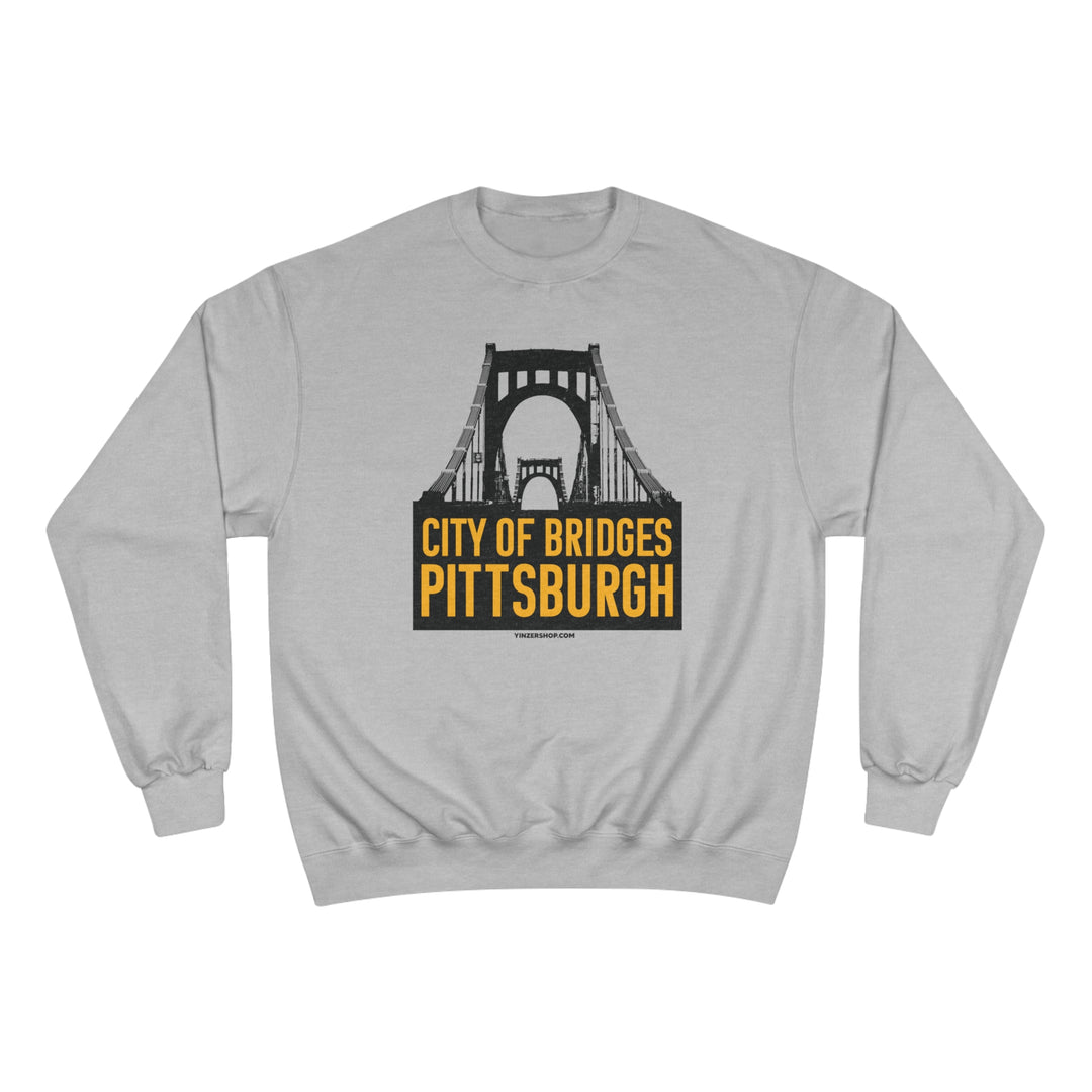 Pittsburgh, City of Bridges - Champion Crewneck Sweatshirt Sweatshirt Printify Light Steel S 