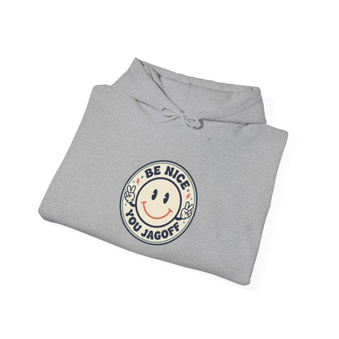 Be Nice You Jerk smiley crest Hoodie | cheeky slogan, vintage patch style