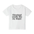 White Cleveland Smells Like My Diaper toddler t-shirt in soft cotton, perfect for humorous children's outfits and everyday comfort.