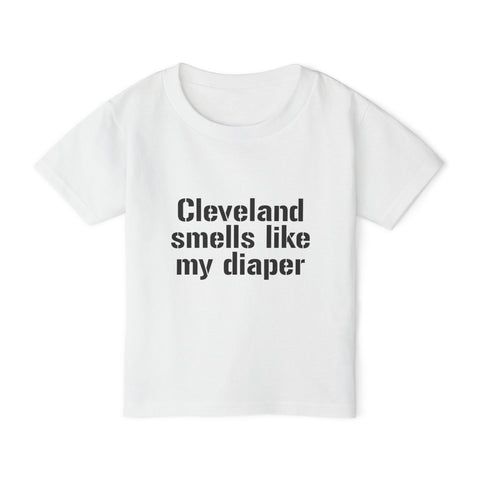 White Cleveland Smells Like My Diaper toddler t-shirt in soft cotton, perfect for humorous children's outfits and everyday comfort.