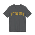Front of charcoal gray Vintage Classic Pittsburgh Short Sleeve T-Shirt with yellow Pittsburgh text, great for retro style lovers.