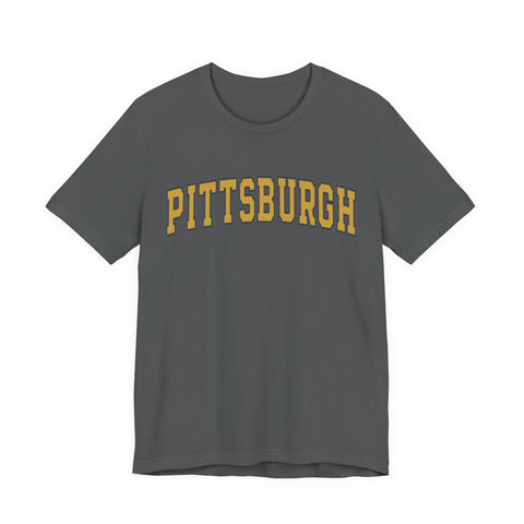 Front of charcoal gray Vintage Classic Pittsburgh Short Sleeve T-Shirt with yellow Pittsburgh text, great for retro style lovers.