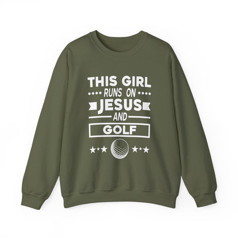 This Girl Runs on Jesus and Golf - Heavy Blend™ Crewneck Sweatshirt