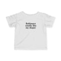 White infant jersey T-shirt with bold black text 'Baltimore smells like my diaper' for baby apparel and unisex toddler clothing.