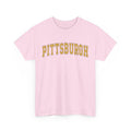 Pink unisex Pittsburgh t-shirt with vintage yellow text, made from heavy cotton and available in regular fit.