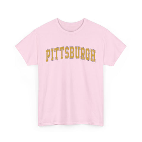 Pink unisex Pittsburgh t-shirt with vintage yellow text, made from heavy cotton and available in regular fit.