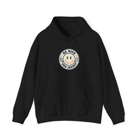 Be Nice You Jerk smiley crest Hoodie | cheeky slogan, vintage patch style