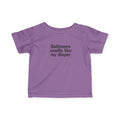 Purple baby jersey T-shirt with bold black text 'Baltimore smells like my diaper' for infant clothing collections.