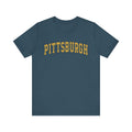 Vintage Classic Pittsburgh Short Sleeve T-Shirt in navy blue with yellow text, ideal for fans of Pittsburgh and retro fashion.