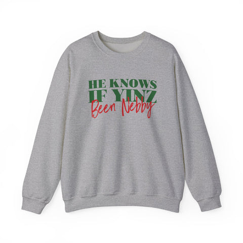 He Knows If Yinz Been Nebby - -Unisex Heavy Blend™ Crewneck Sweatshirt Sweatshirt Printify Sport Grey S 