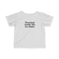 Light gray Cleveland Smells Like My Diaper infant jersey t-shirt with black text, perfect for funny baby outfits.