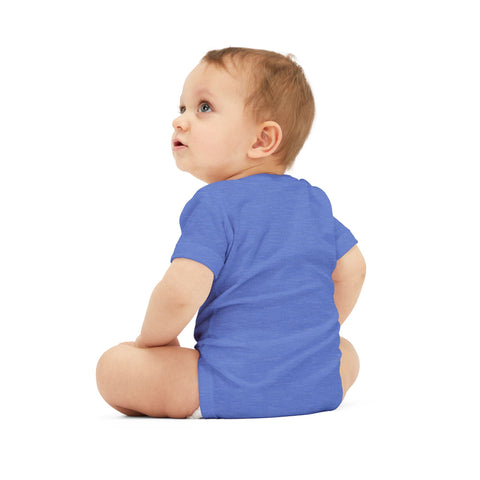 Back view of baby in blue onesie, showing snug fit and soft fabric of infant jersey one piece.