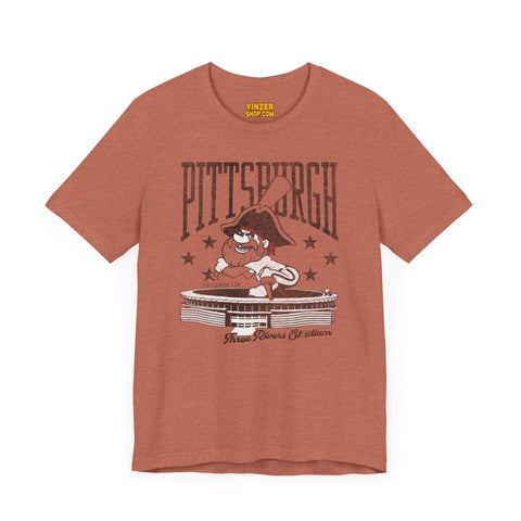 Pittsburgh Pirates Baseball Three River Stadium Retro Design - Short Sleeve Tee T-Shirt Printify Heather Clay S 
