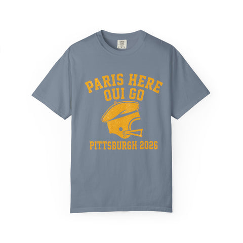 Paris Here We Go Pittsburgh 2026 French Beret Helmet on Premium Comfort Colors® T-Shirt