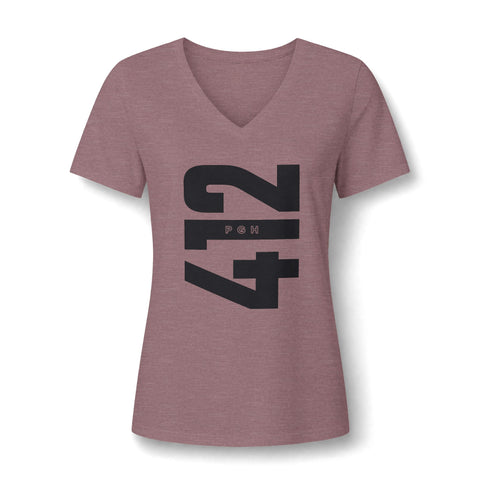 412 Bold Vertical Number Women's V-neck Tshirt  — Minimalist Monochrome Graphic T-Shirt
