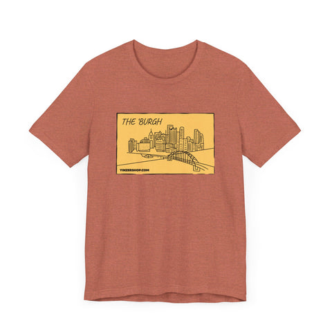 The 'Burgh Cartoon Pittsburgh Skyline - Short Sleeve Shirt T-Shirt Printify Heather Clay S 