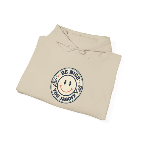 Be Nice You Jerk smiley crest Hoodie | cheeky slogan, vintage patch style